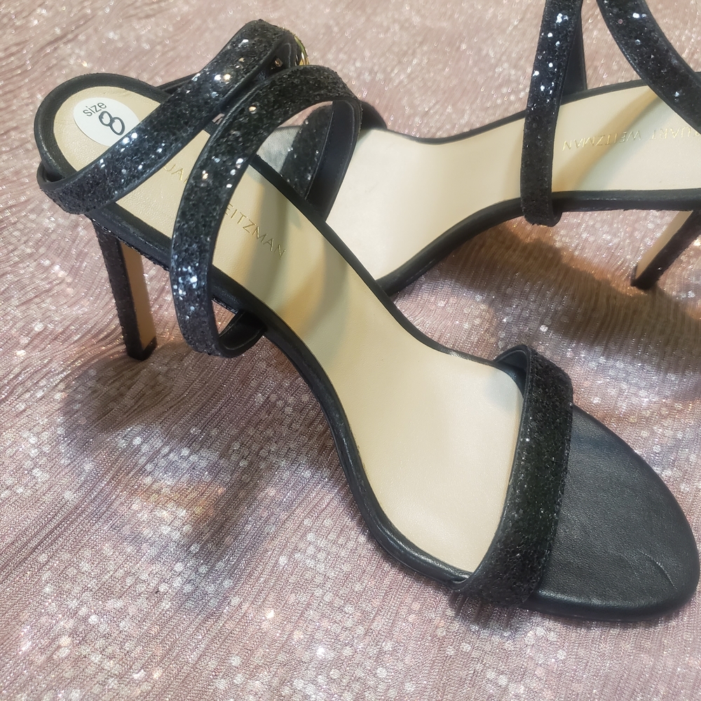 Stuart Weitzman Black Glitter Strappy Ankle Strap Heel Sandals Size 8 - Picture 2 of 9